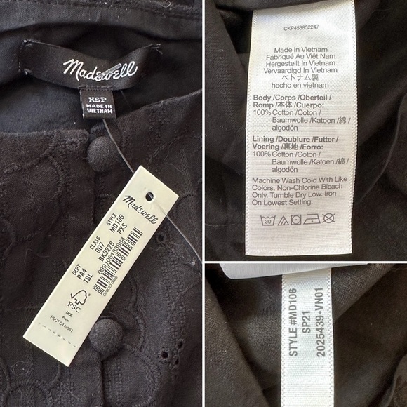 NWT Madewell Eyelet Button-Front Tiered Mini Dress XSP, Black - Picture 11 of 13